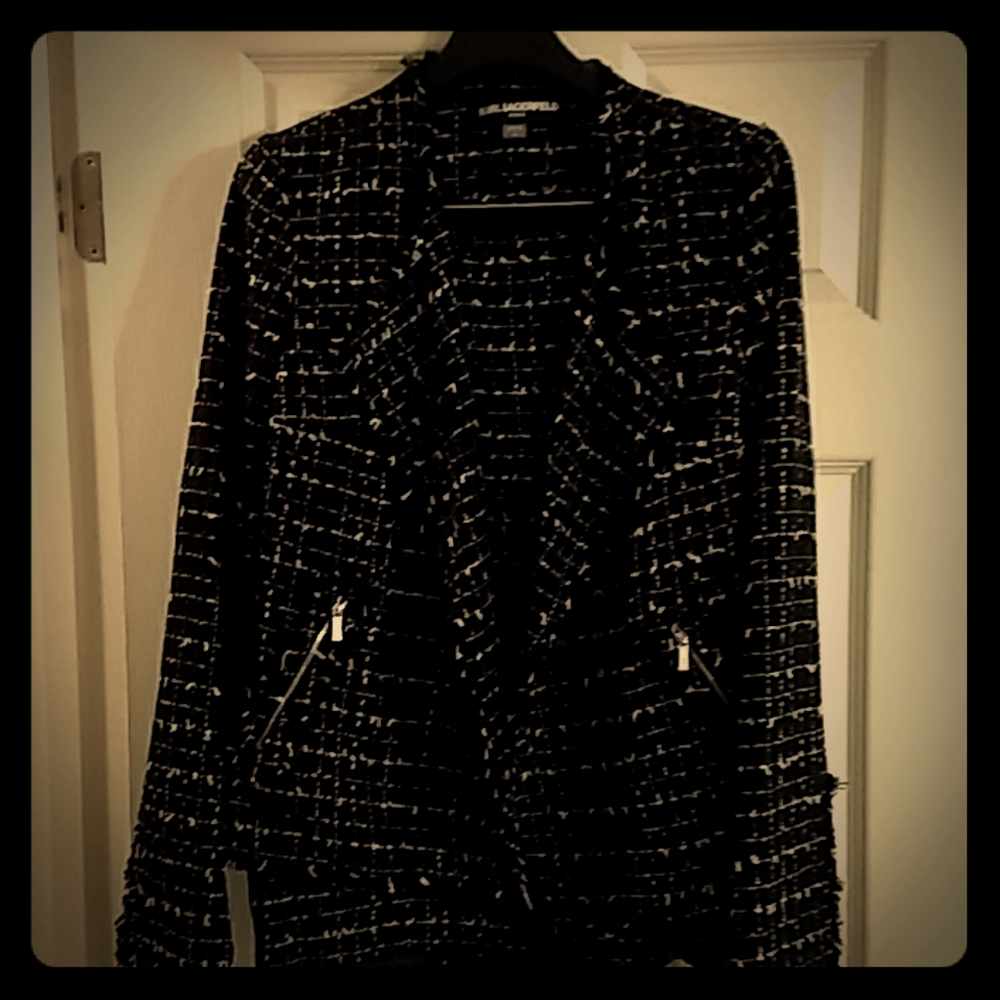 Karl Lagerfeld Black Tweed Skirt Suit with silver metal zippers NWOT